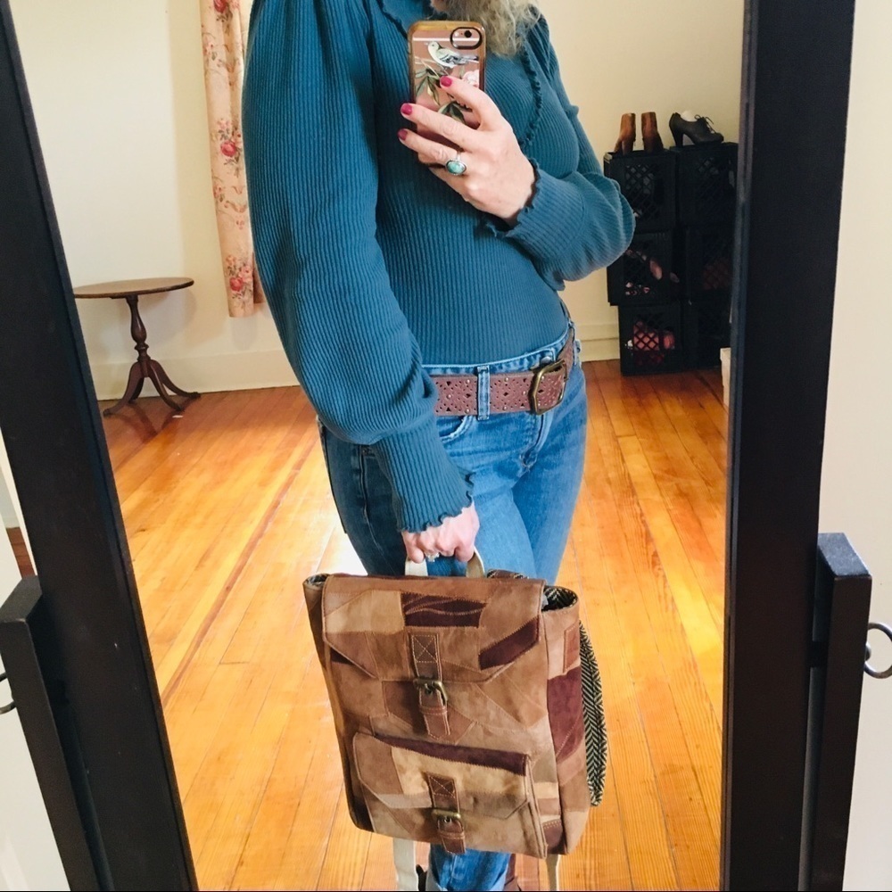 New Upcycled Suede Leather Patchwork Backpack - image 3